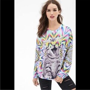 Forever 21 Rainbow Psychedelic Cat Crewneck Sweater